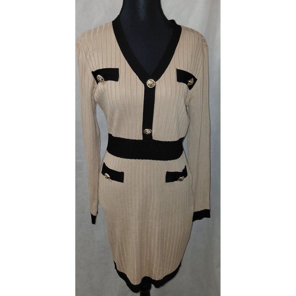 No Boundaries Sweater Dress Girls Juni L (11-13) Beige Ribbed Knit Contrast Trim